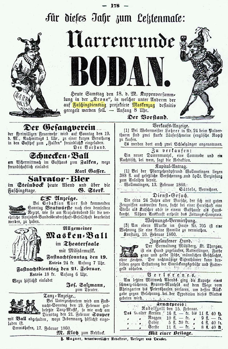 Anzeigen in der Konstanzer Zeitung vom 18.02.1860